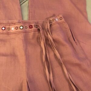 High-Waist Mauve Linen Wide-Leg Pants with Waist Tie